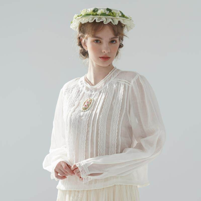 Embroidery Rose - 100cmBust 100% Ramie Dünne Weiße Bluse