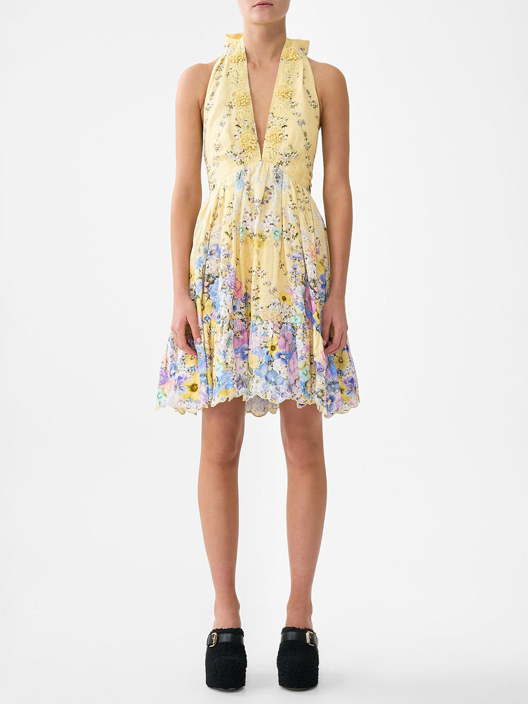 Embroidery Yellow Dress - Sommerurlaubsstil Gelbes Blumenstickerei-Spitzenkleid mit A-Linie, Halsband,
