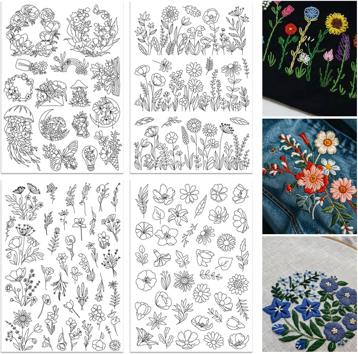 Embroidery Meaning - 4 Blatt wasserlösliche Stickmuster-Stabilisatoren, vorgedrucktes Blumen-Stick-